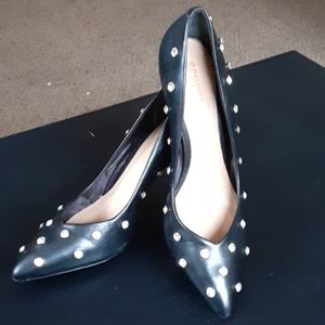 Schutz Black Leather Pumps with Rhinestones
